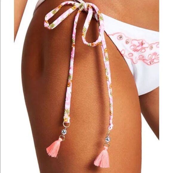 NEW RIVER ISLAND white bikini bottoms! Pink embroidery Side tie - Picture 2 of 6